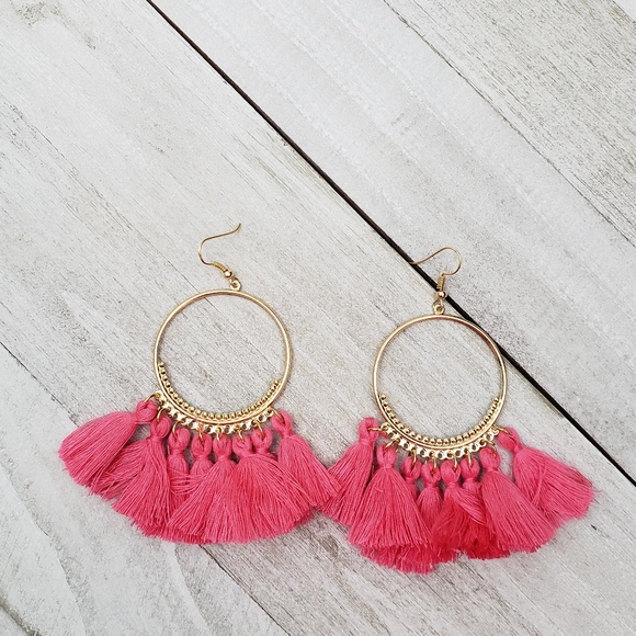 Pink Fringe Earrings - Picture 2 of 3